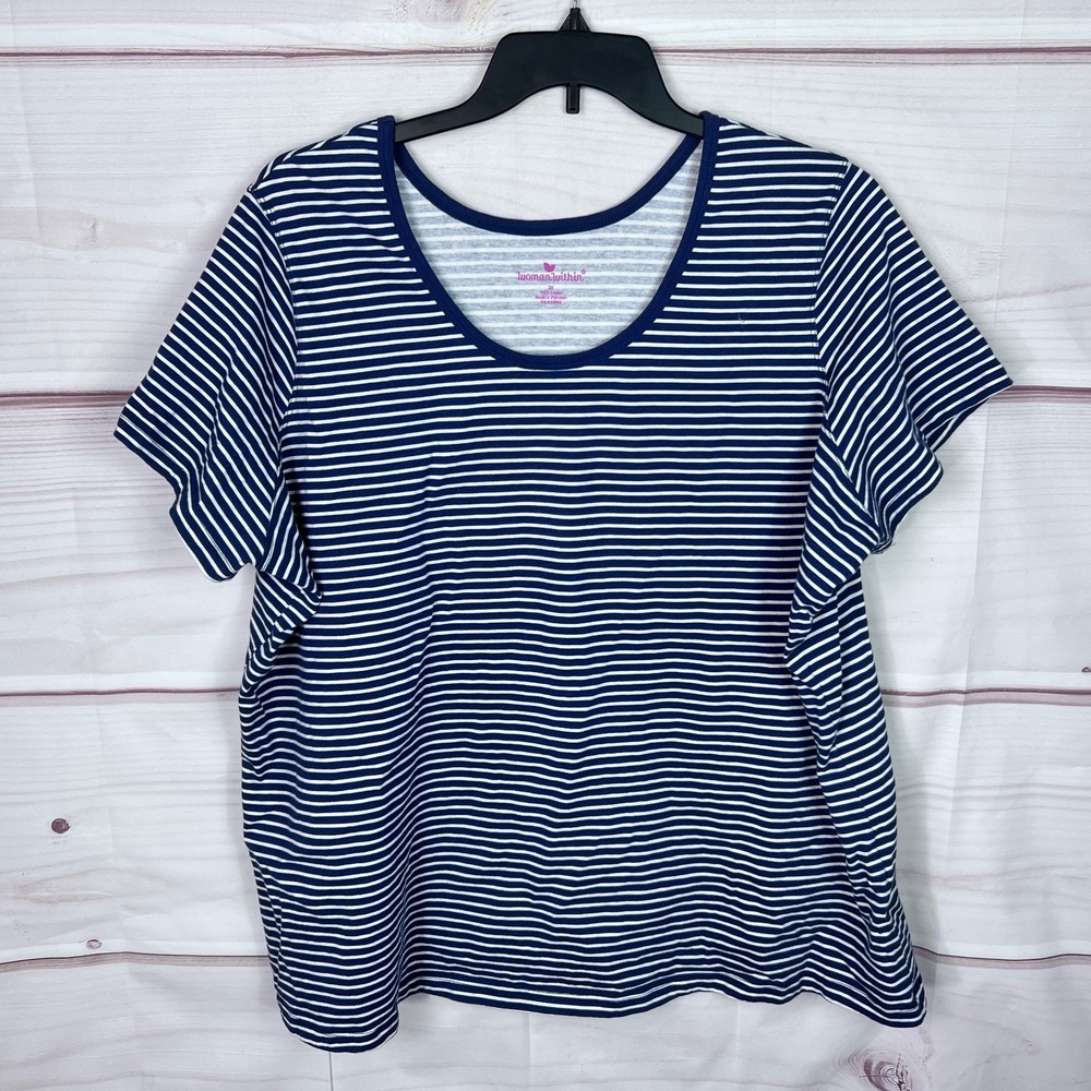 Woman Within Top Womens 3X Blue Striped T-Shirt Scoop Neck Short Sleeve Cotton